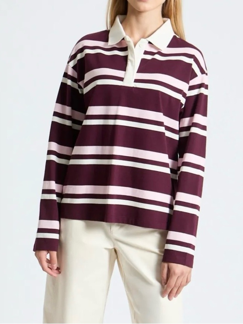 Women's Striped Rugby Polo in Burgundy and Pink